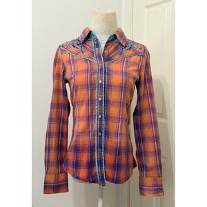 Roar Destined To Womens sz S Plaid Embroidered Western Snap Shirt Studded Rodeo